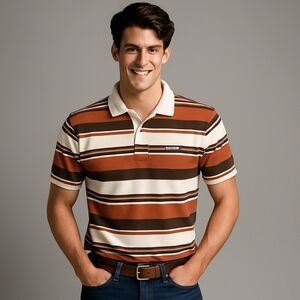 Kirra Large Brown Orange White Striped Polo Shirt Y2K Skater Surf Skateboarding